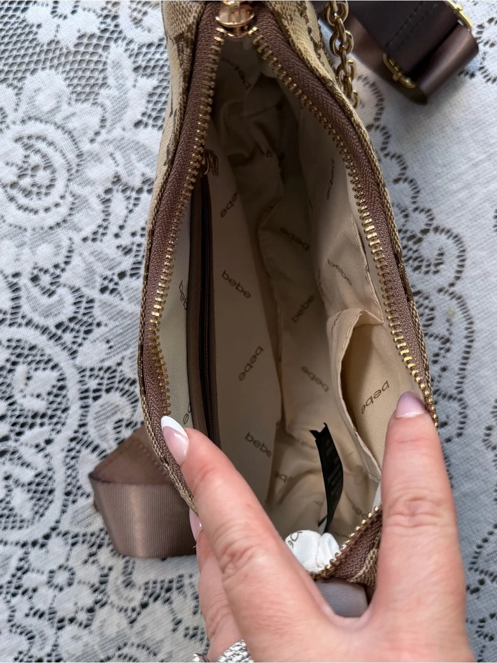 bebe Taupe Hobo Shoulder Bag with Gold Chain and Stud Accents